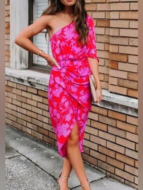 DO+BE One-Shoulder Hot Pink & Red Floral Midi Dress